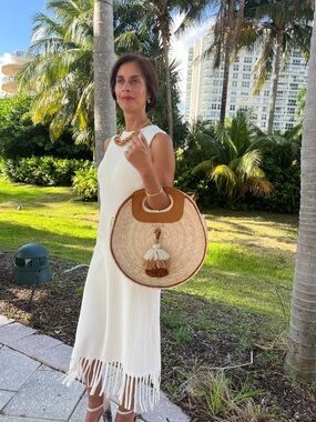 Woven Round Tote with Brown Leather Trim and Tassel